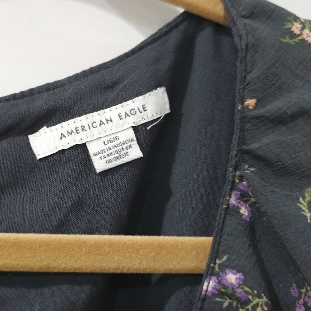 AMERICAN EAGLE Floral Mini Dress Vneck Ruffle Collar Gray Purple Cottage Core L - Picture 5 of 16